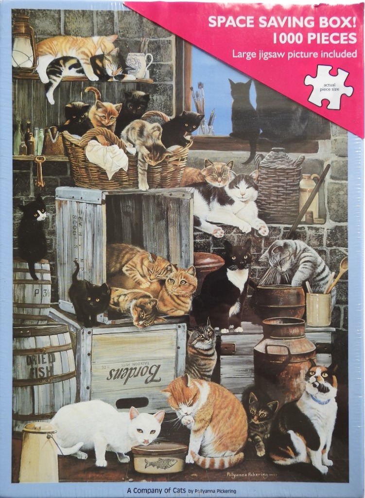 An illustration of many cats of various breeds and colours lounging in a cluttered, rustic workshop setting.