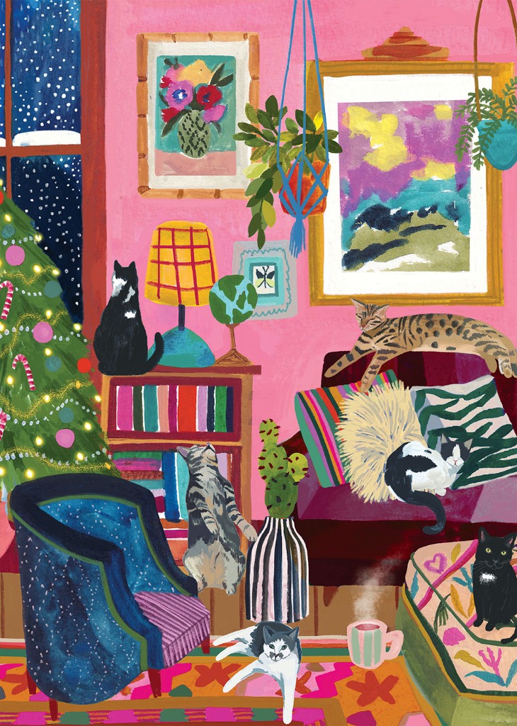 A cozy living room with a Christmas tree, pink walls, and five cats relaxing in a colorful, eclectic interior.