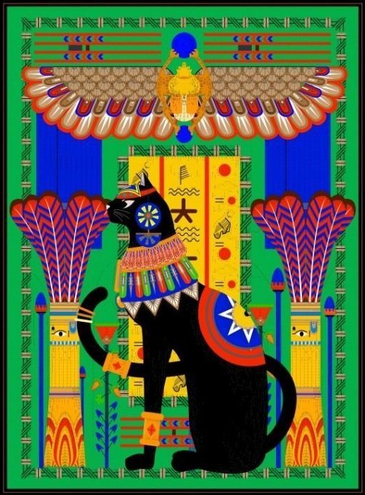 An Egyptian-style illustration featuring a black cat wearing elaborate jewelry in front of papyrus columns.