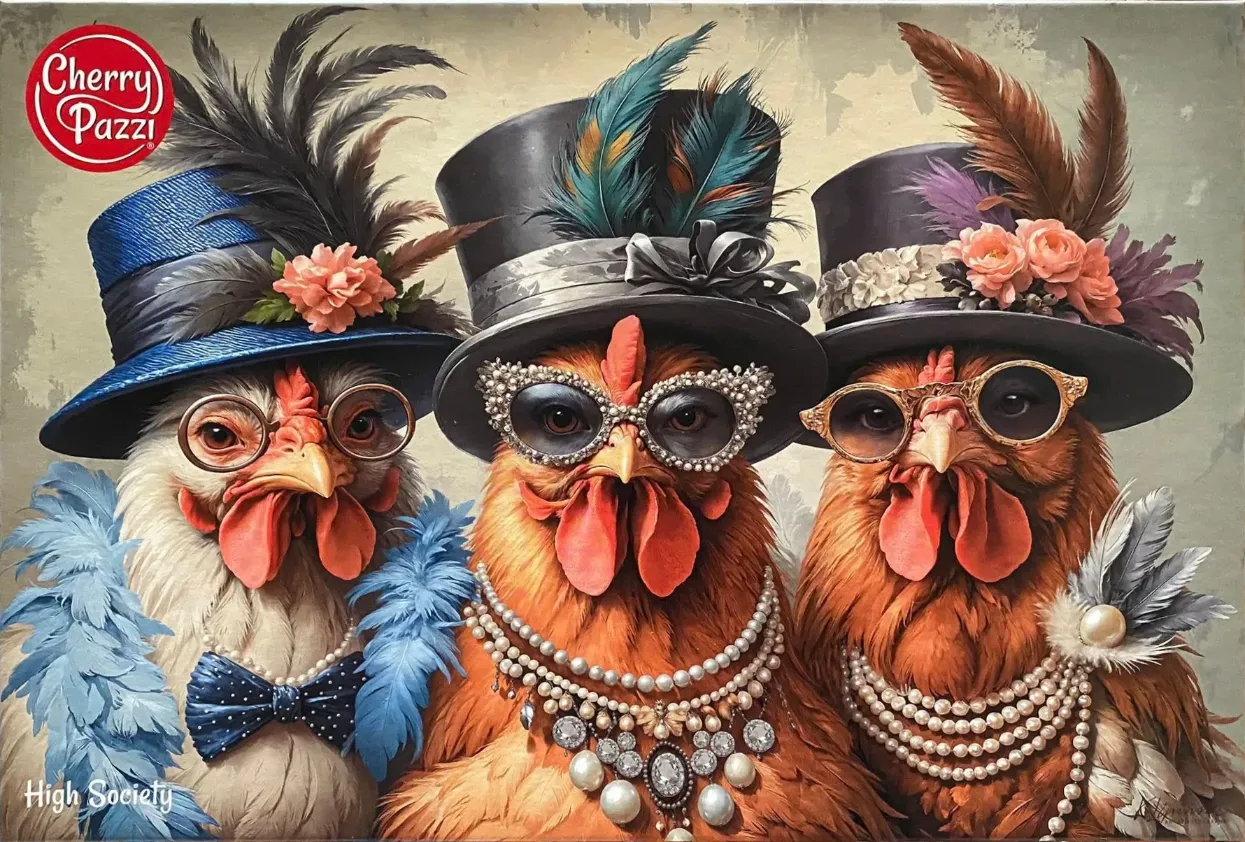 Three chickens dressed in Victorian-style formal hats, jewelry, and eyewear.