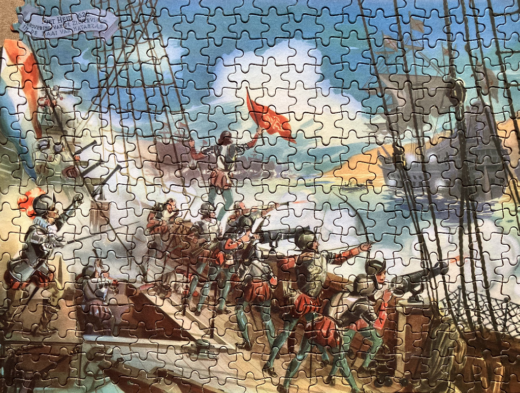 Historical painting of soldiers in 17th-century armor engaging in a naval battle on a wooden ship deck.