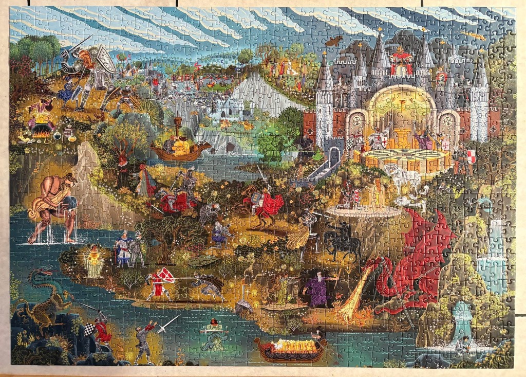 A sprawling, vibrant medieval fantasy illustration featuring knights, mythical creatures, and a grand castle.
