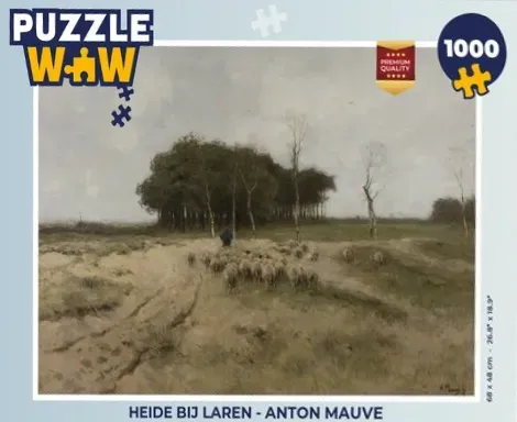 A flock of sheep grazing in a barren field near a grove of trees under a grey, overcast sky.