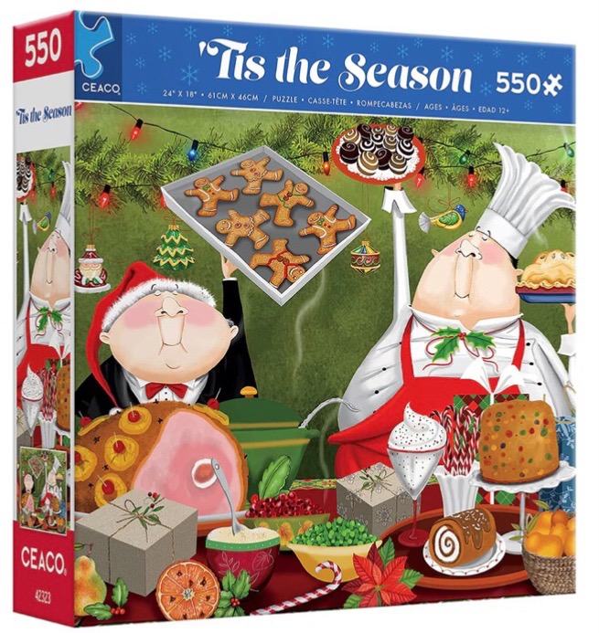 Whimsical illustration of a chef and Santa Claus preparing a festive holiday feast.