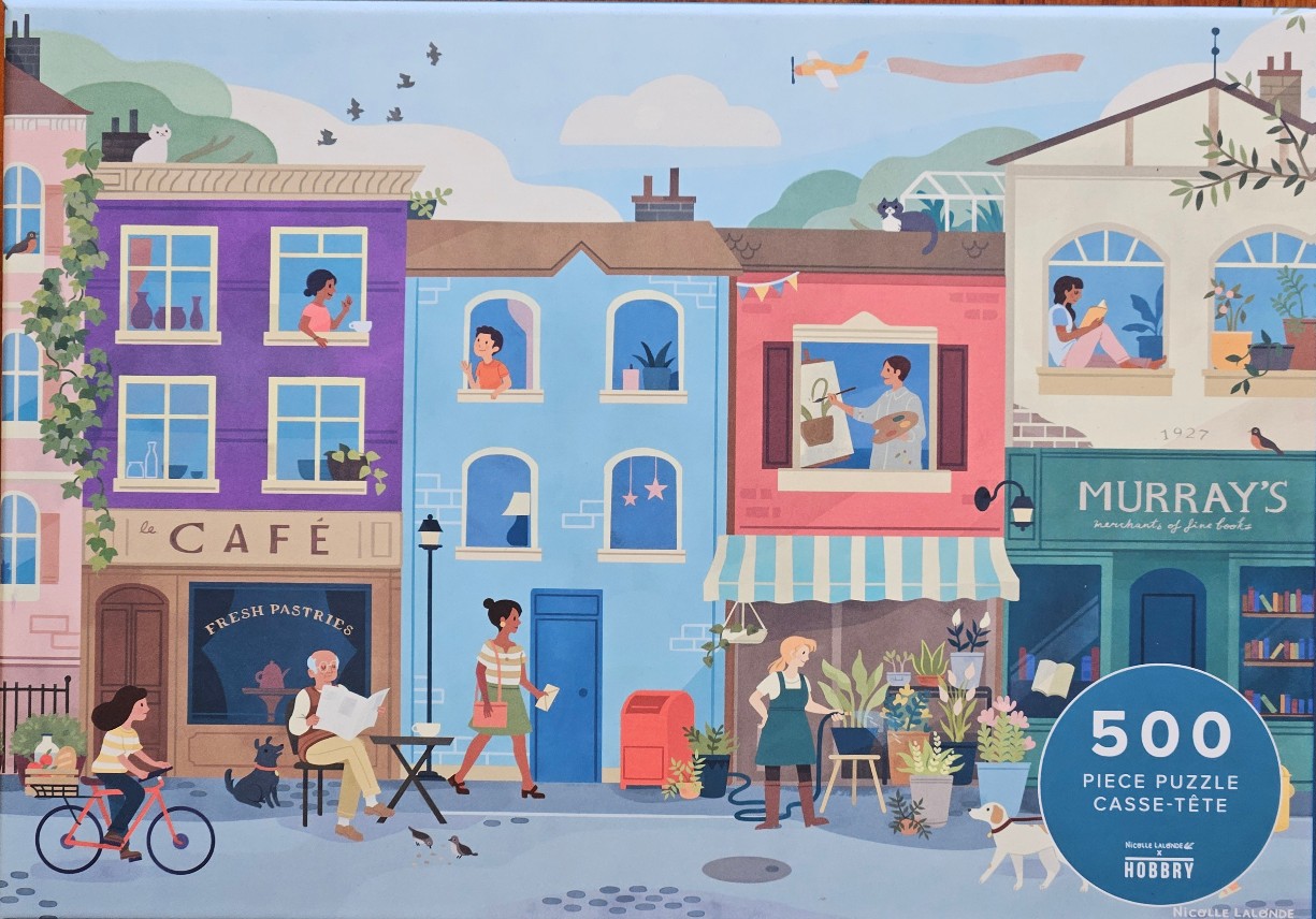 A whimsical illustration of a charming city street with colorful storefronts, residents, and pets.