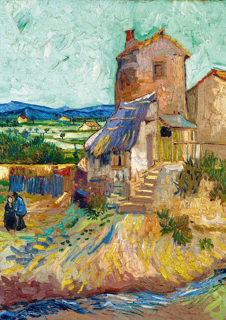 An oil painting of a rustic farmhouse with a blue roof, situated in a hilly landscape with a couple standing nearby.