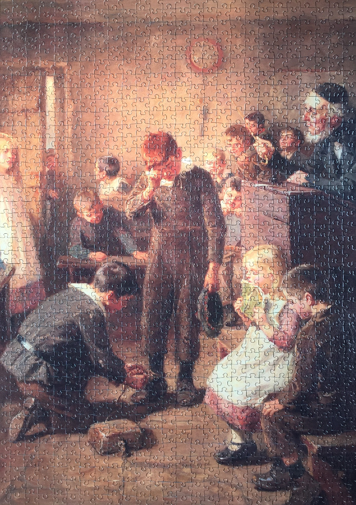 A nostalgic Victorian-style oil painting of a schoolroom with a teacher and children.