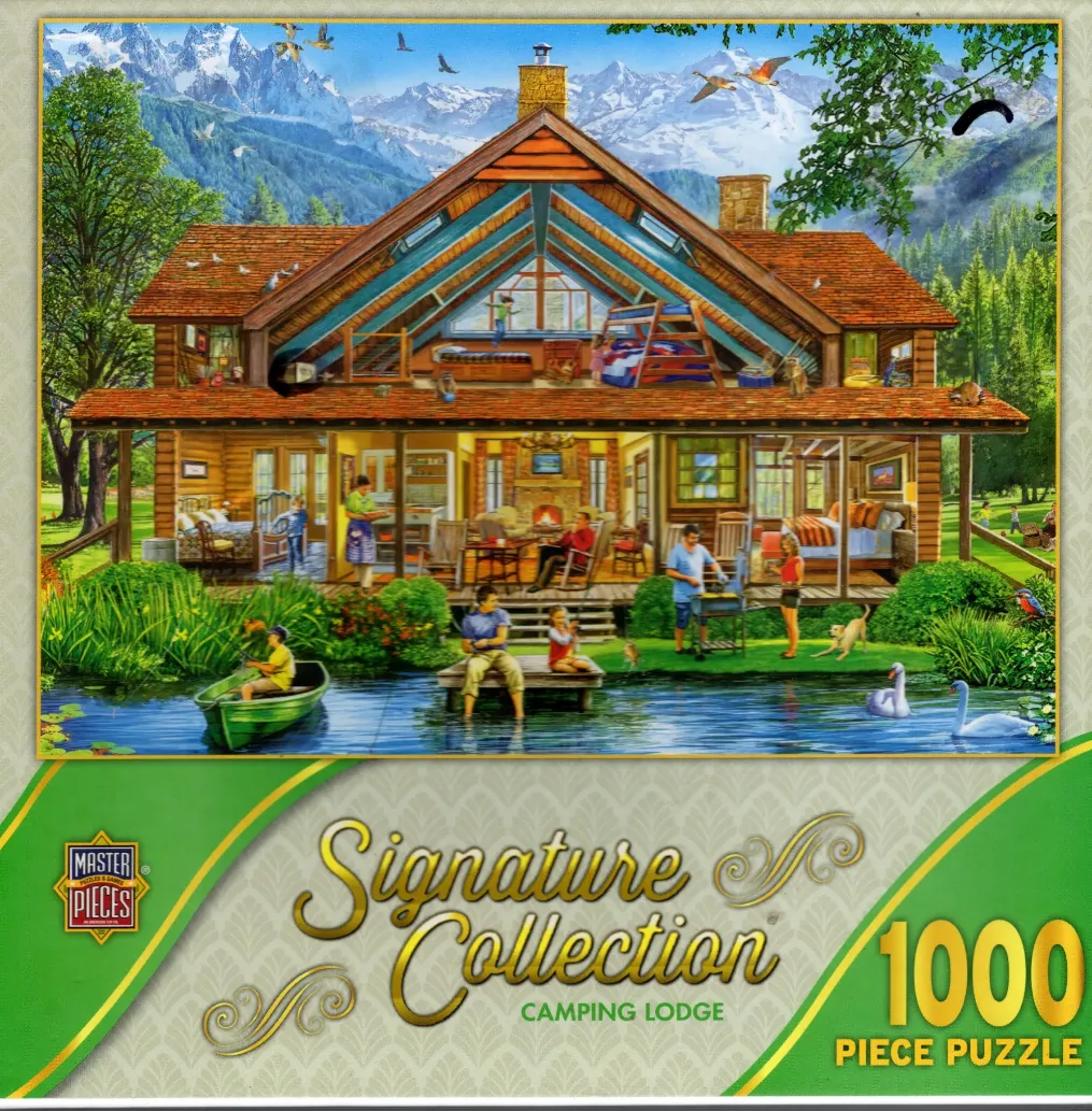 A cutaway illustration of a multi-level rustic lodge by a lake with mountains in the background.