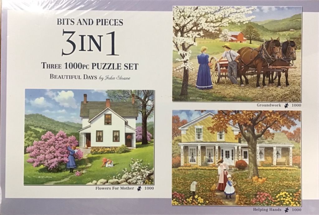 A collage of three pastoral, American-style folk art paintings depicting rural life and seasonal house scenes.