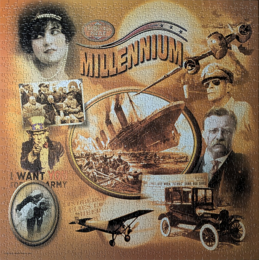 A sepia-toned collage of 20th-century historical figures, events, and icons like the Titanic, Uncle Sam, and airplanes.