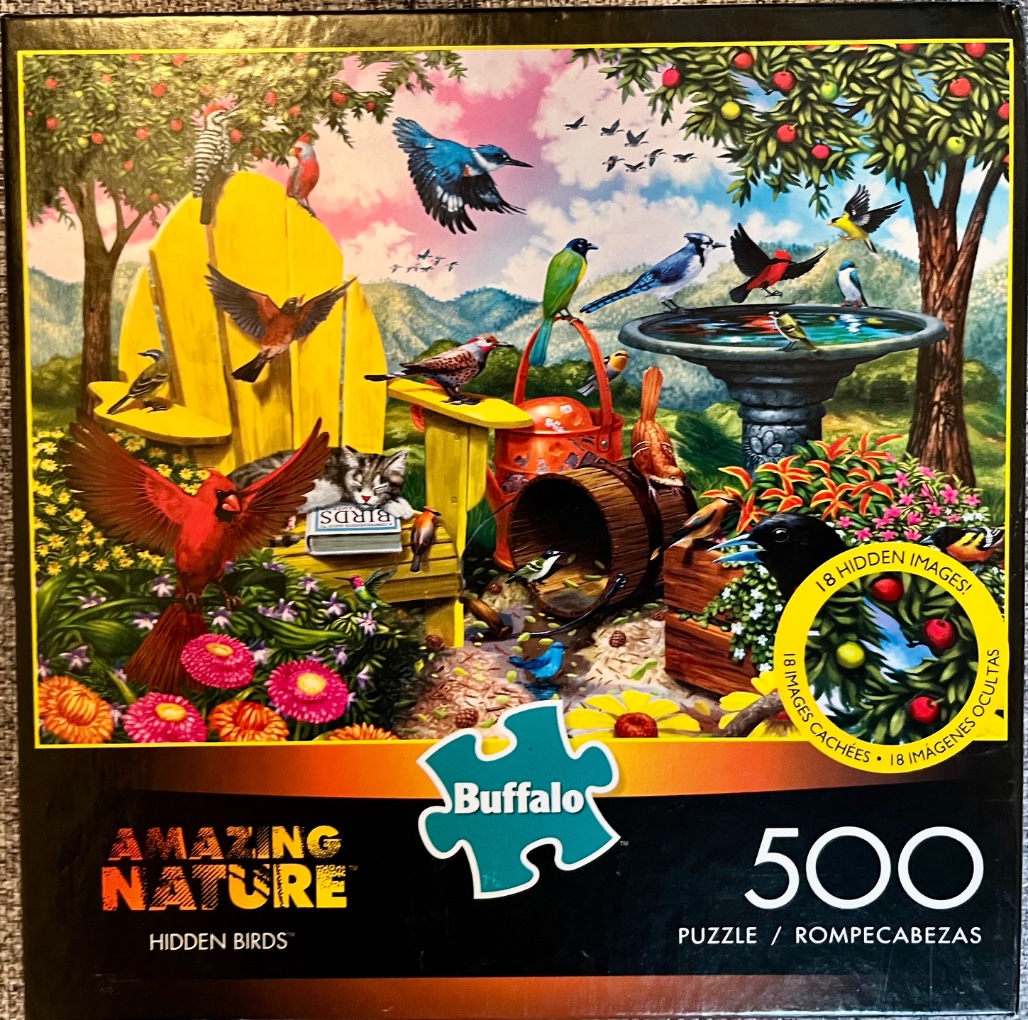 A vibrant garden scene filled with diverse colorful birds, a yellow chair, and a stone birdbath.