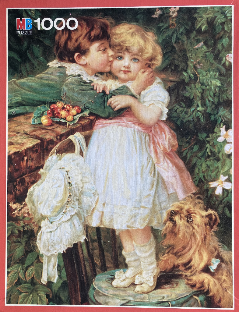 A vintage-style illustration of a young boy kissing a girl's cheek in a garden, with a small dog looking on.