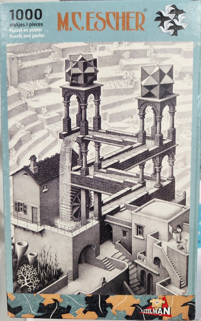 A black and white lithograph of an M.C. Escher impossible architectural scene featuring a waterfall and water wheel.