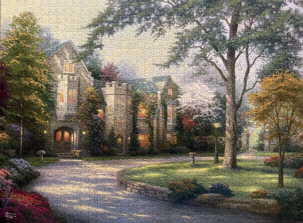 An illustration of a large stone manor house nestled among lush, glowing gardens at twilight.