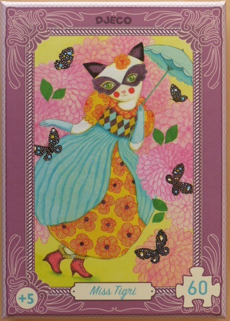 Illustration of an anthropomorphic cat dressed as a masquerade ballerina surrounded by pink flowers and butterflies.