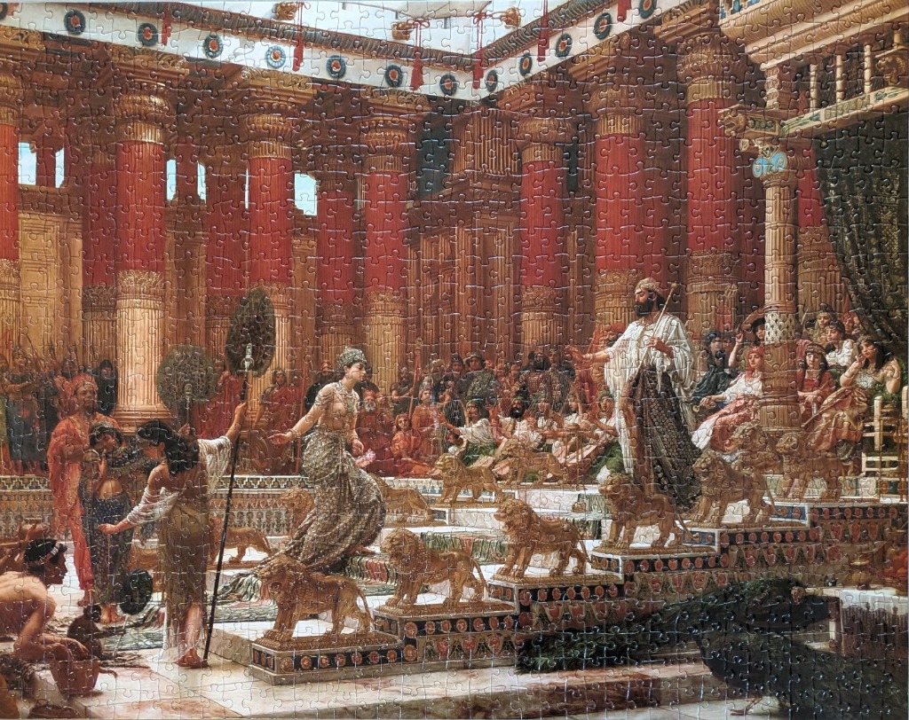 An elaborate historical painting depicting Queen Esther approaching the throne of King Ahasuerus in a grand palace.