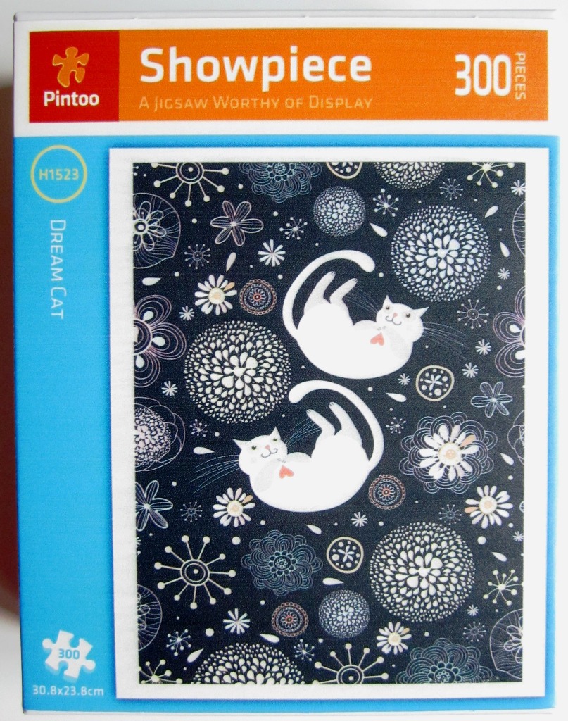 Two whimsical white cats floating amidst a dark patterned background of stylized flowers and starbursts.