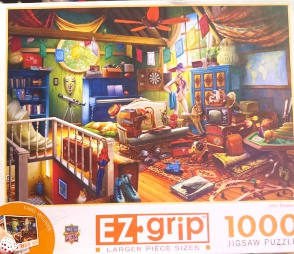 A cluttered, colorful attic filled with various antique treasures, toys, musical instruments, and a staircase.