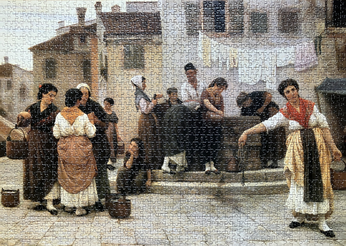 A realistic oil painting depicting a group of people gathered around a stone water well in a town square.