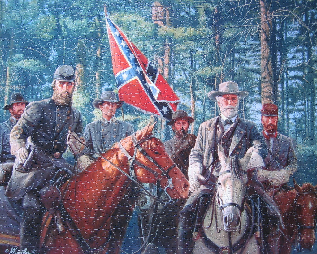 Historical illustration of Confederate generals on horseback in a forest clearing.