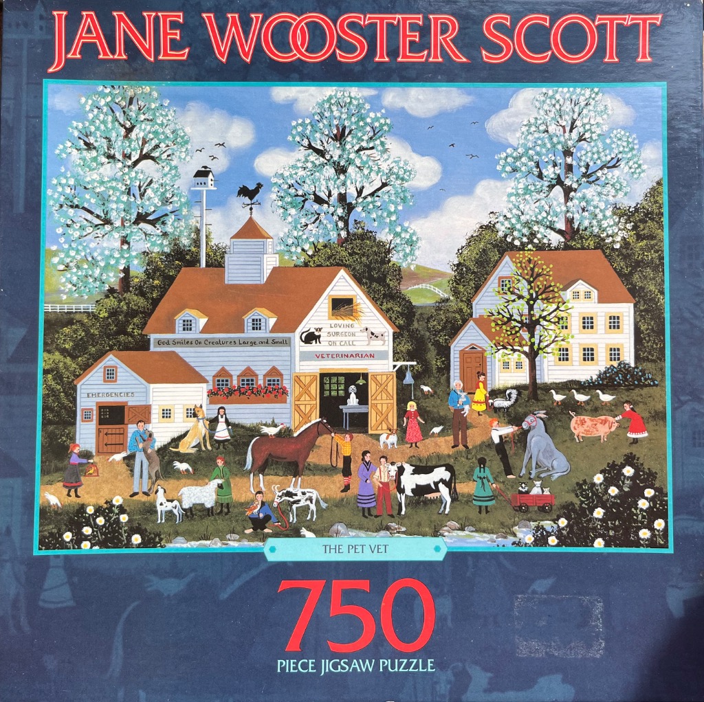 Folk art scene of a rural veterinarian clinic surrounded by children and farm animals on a bright day.