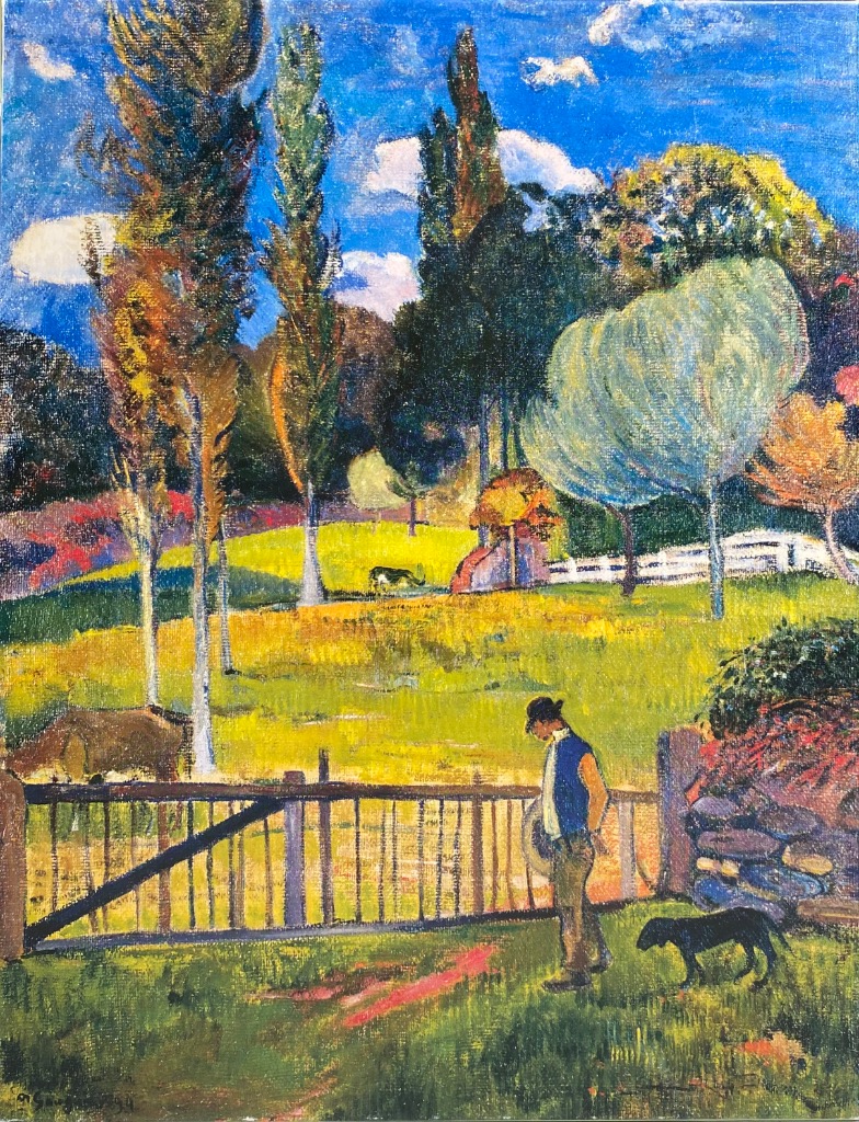 A man and dog stand by a wooden gate in a vibrant, impressionistic landscape with tall trees and golden fields.