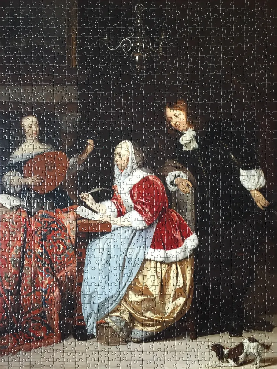 A 17th-century style painting of a woman writing at a table with a man and a lute player in a dimly lit room.