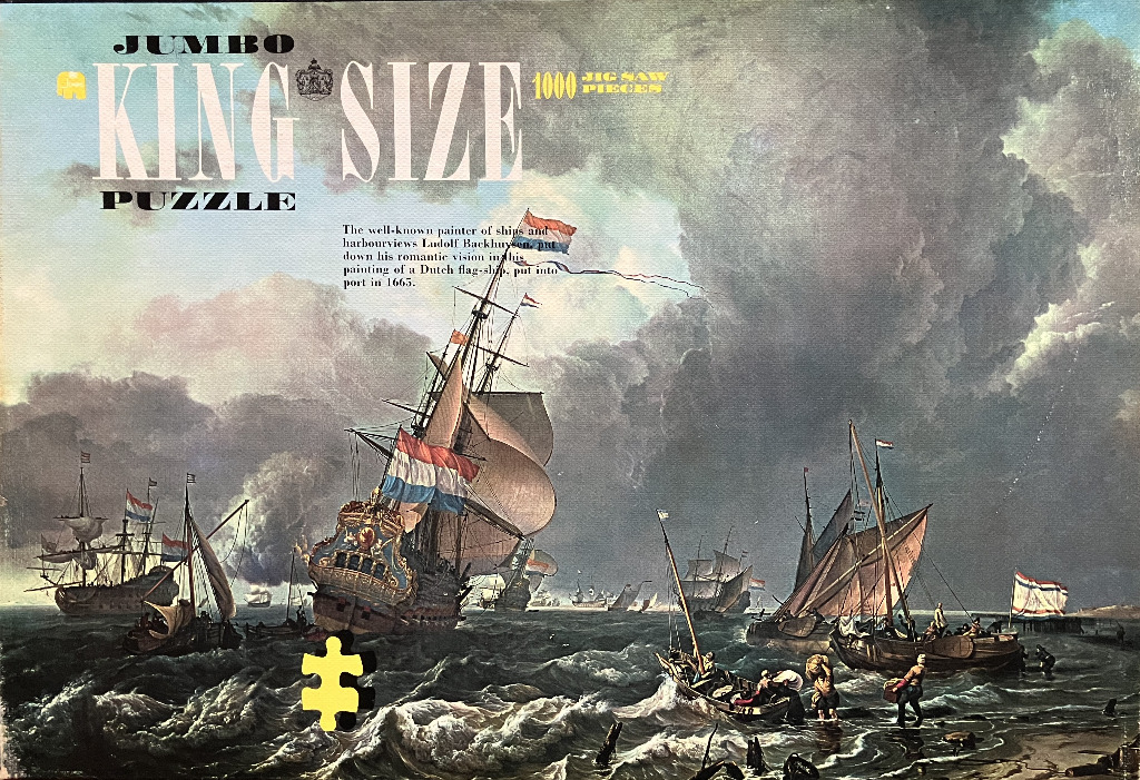 A 17th-century oil painting of Dutch ships in a choppy harbour under a stormy sky.