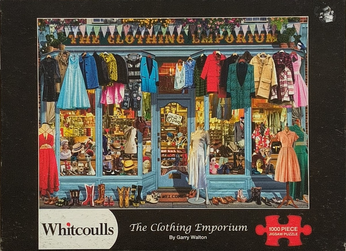 Illustration of a quaint vintage clothing store storefront filled with colorful garments and accessories.