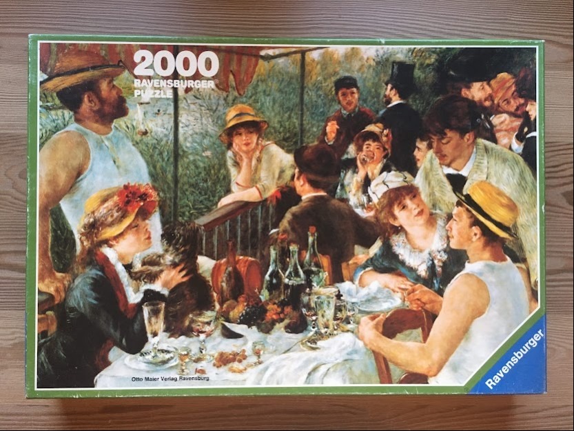 Impressionist painting of a social gathering at a lunch on a terrace by a river.