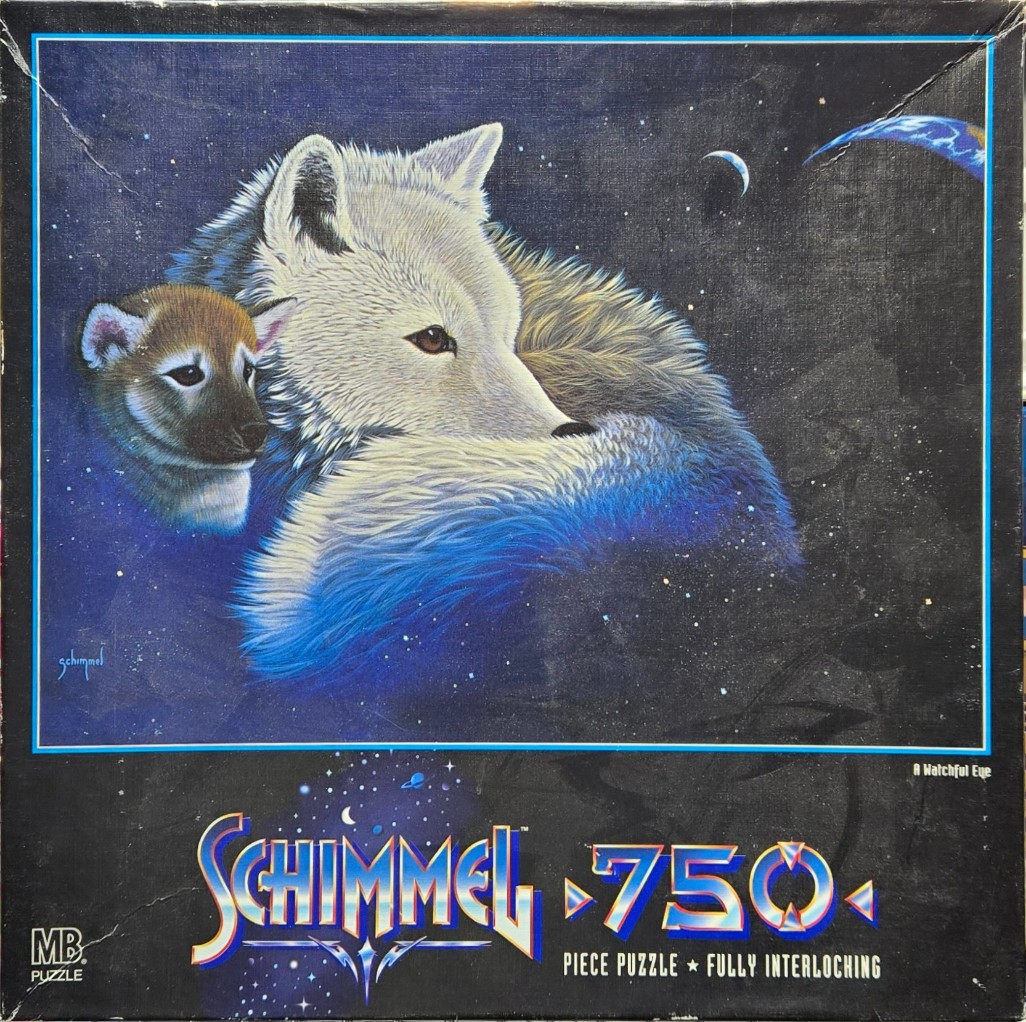 A white wolf and a small pup nestled together against a starry night sky background.