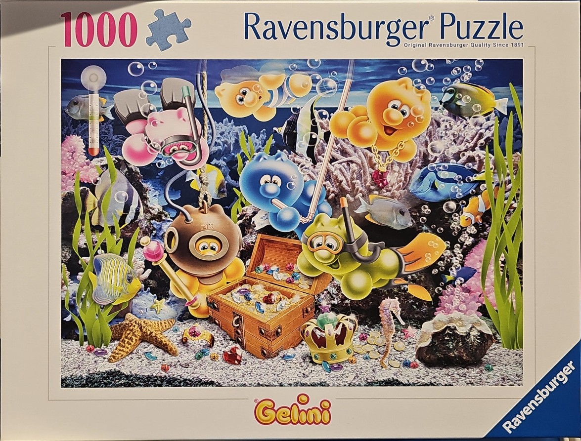 Cartoon Gelini characters scuba diving in a colorful, treasure-filled coral reef underwater scene.