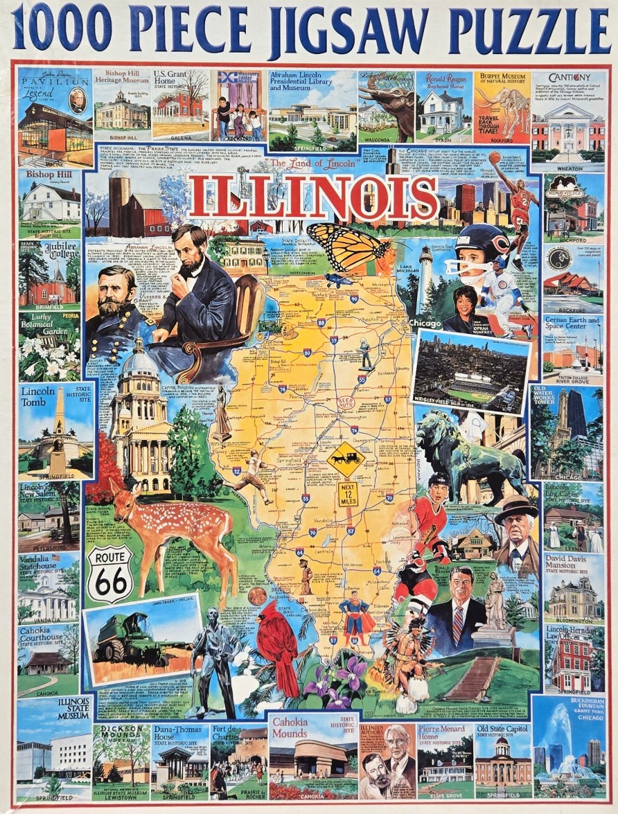 Collage-style illustrated map of the state of Illinois featuring historical figures, landmarks, and symbols.