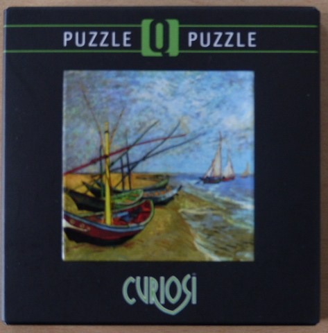 Painting of fishing boats on a sandy beach at sunset in the style of Van Gogh
