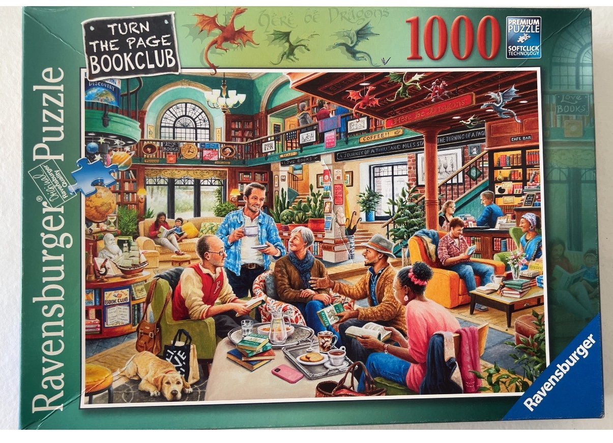 An illustration of a bustling, multi-level bookshop cafe with various people reading, drinking coffee, and socializing.