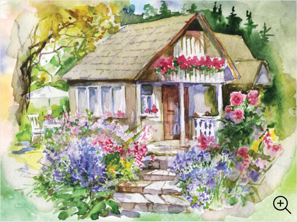 A watercolor illustration of a cozy cottage surrounded by blooming flower gardens and greenery.
