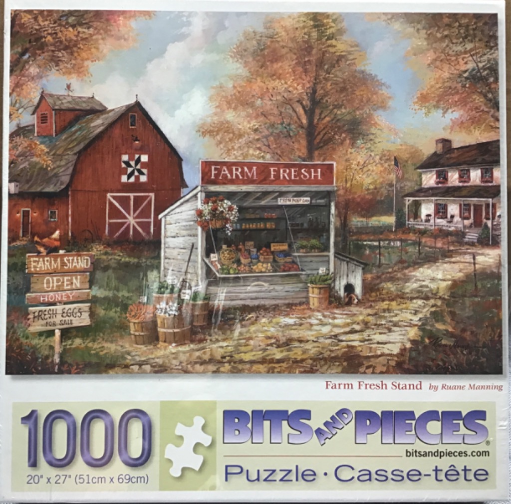 A countryside oil painting of a red barn and a small produce stand in an autumnal setting.