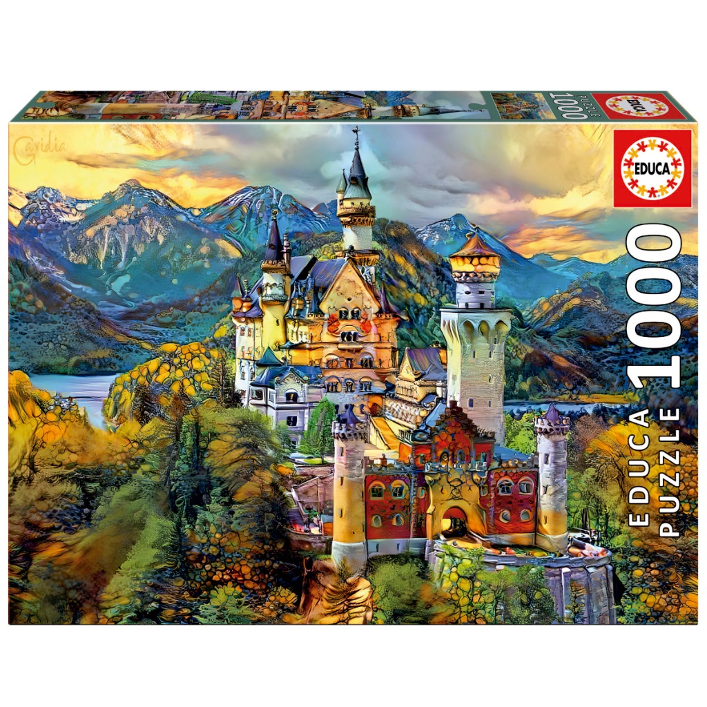 A digital illustration of a fairytale-style castle nestled in autumn mountains at sunset.