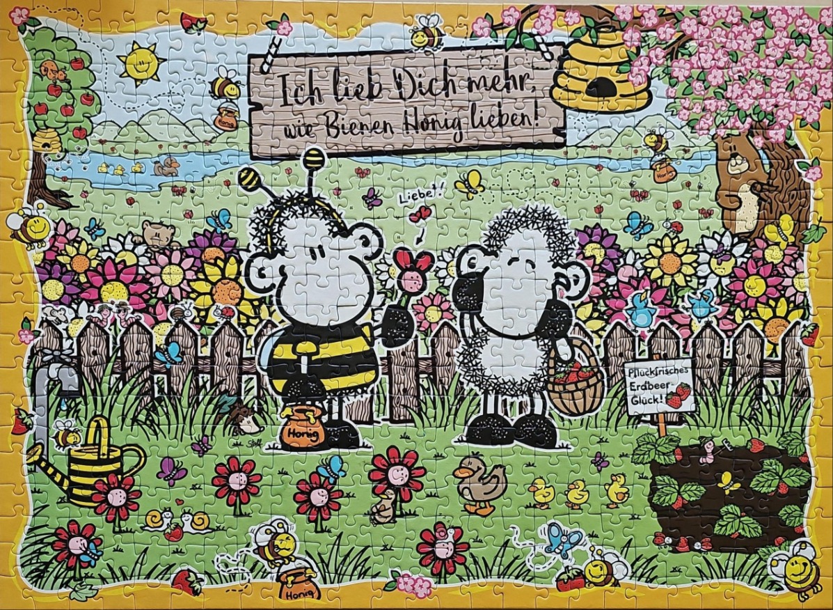 Cartoon illustration of two sheep in a colorful flower garden with bees and a sign in German.