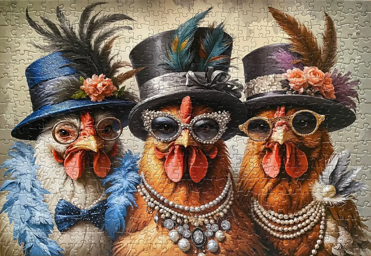 Portrait of three chickens dressed in fancy hats, jewelry, and glasses against a neutral background.