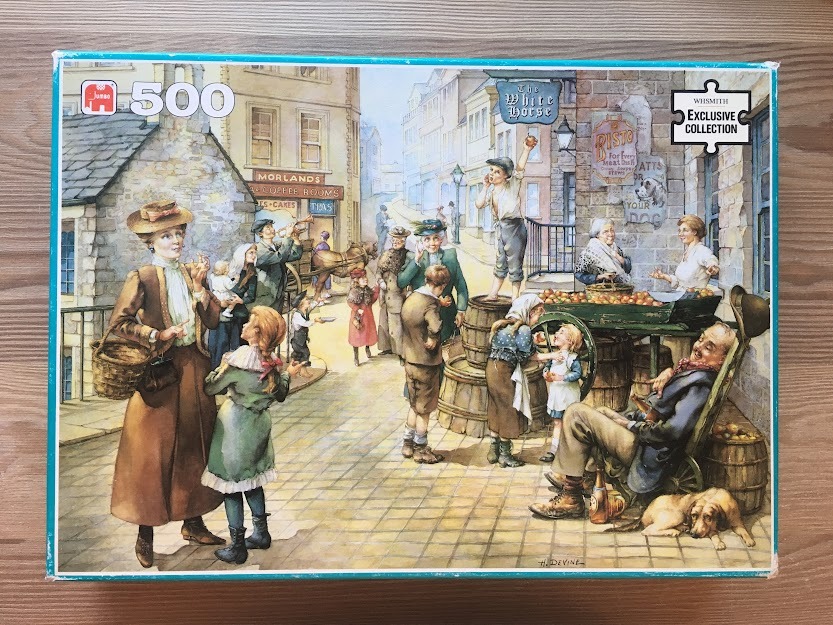 Illustration of a busy 19th-century street market scene with vendors and townspeople in period clothing.