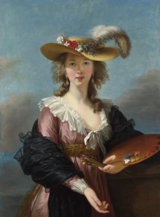 A portrait of a woman in a straw hat holding a painter