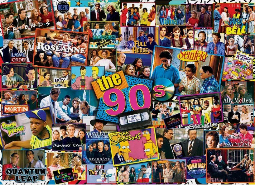 A collage of various 1990s television show scenes, characters, and titles arranged in a layered composition.