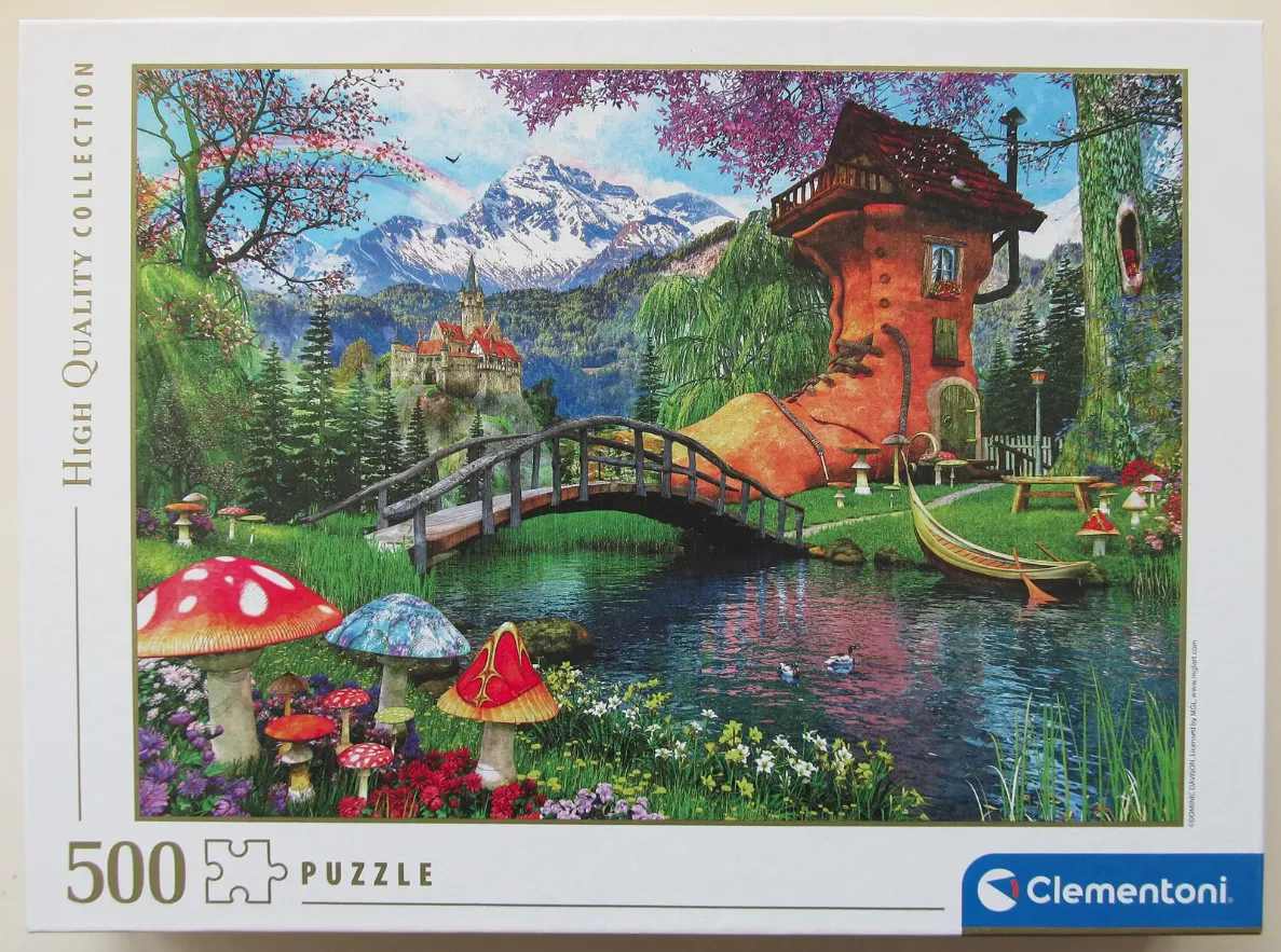Fantasy landscape with a giant shoe house, a castle, and a river