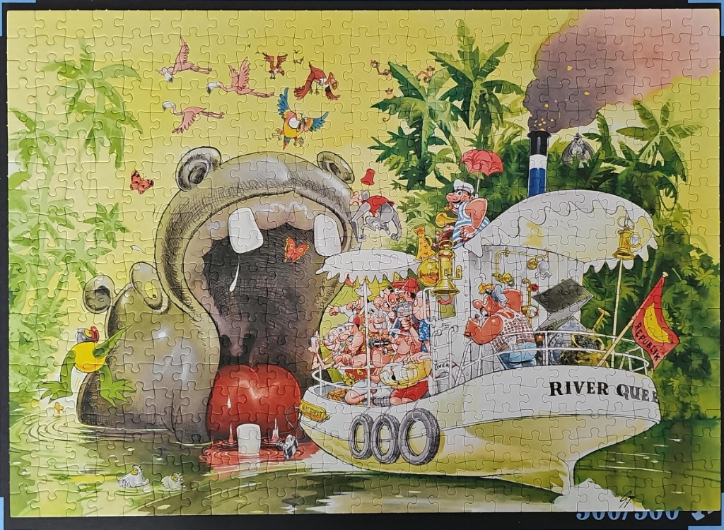 Humorous cartoon of a giant hippo, a paddleboat, and tropical birds in a vibrant jungle setting.