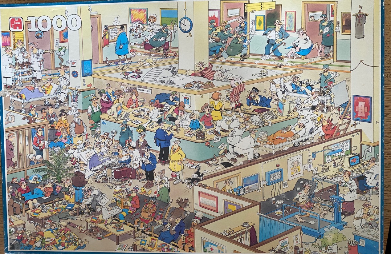 Cartoon illustration of a chaotic hospital scene with many patients and staff.