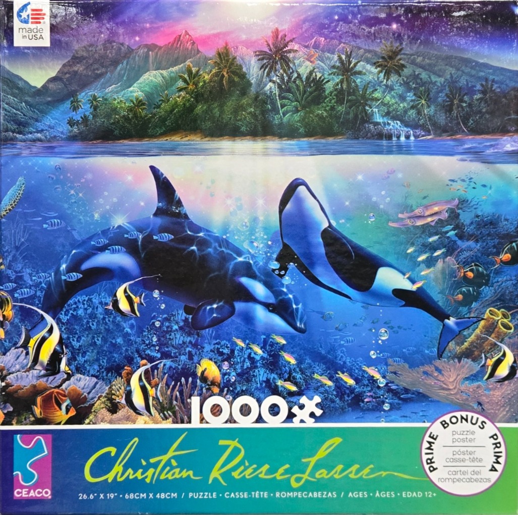 Two orcas swimming in a vibrant tropical reef with a lush mountain island in the background.