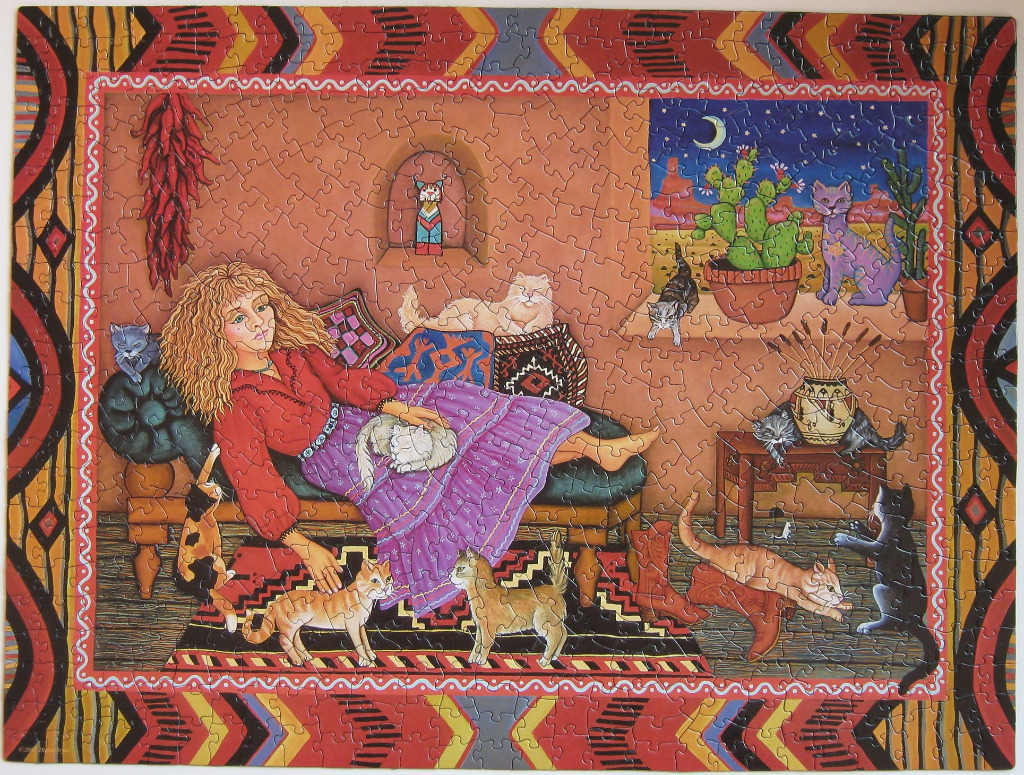Illustration of a woman resting on a sofa surrounded by many cats in a Southwest-themed room with a decorative border.