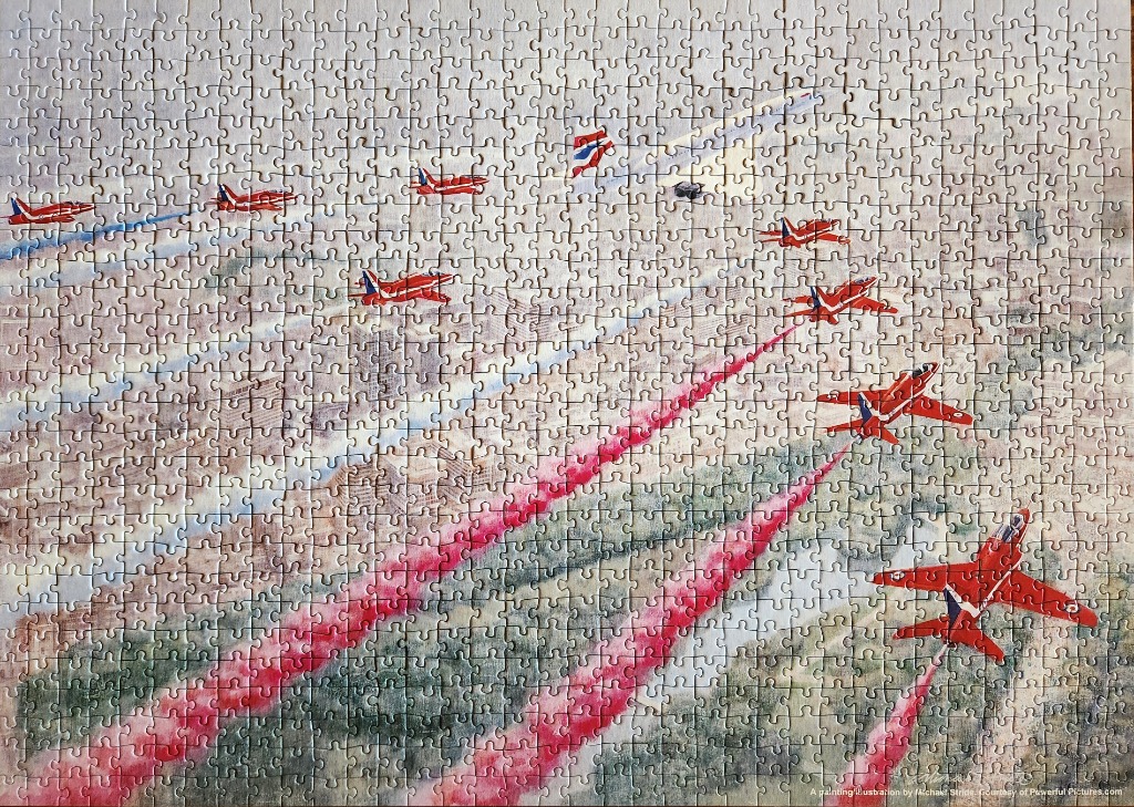 Painting of the Red Arrows aerobatic team flying in formation over a hazy landscape with smoke trails.