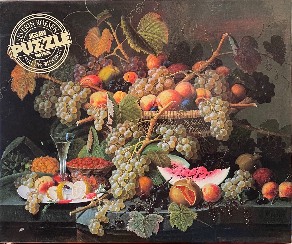 A lush, detailed oil painting of a cornucopia overflowing with various fruits, including grapes, peaches, and watermelon.